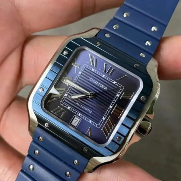 Cartier Santos Rep 11 cao cap mat xanh blue 2